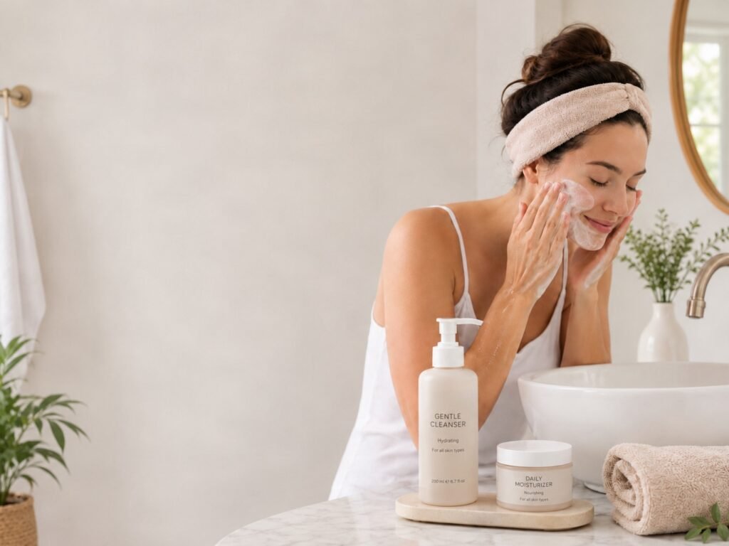 a woman gently washing her face