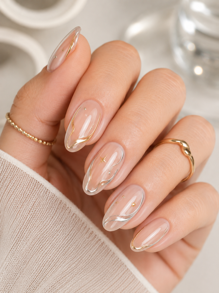 Clear Nails With Chrome Details