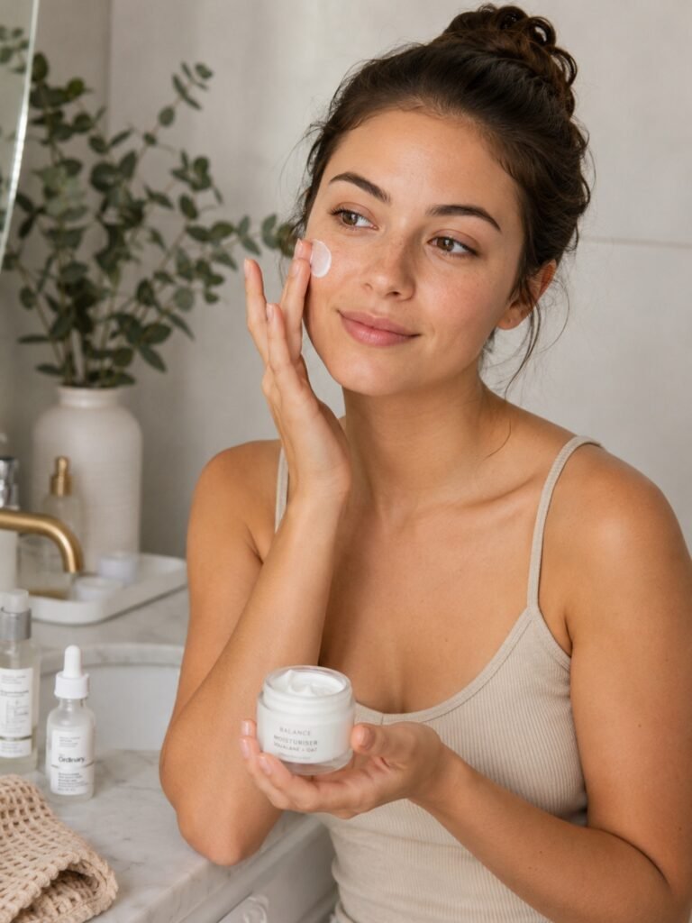 Woman in her 20s applying lightweight moisturizer