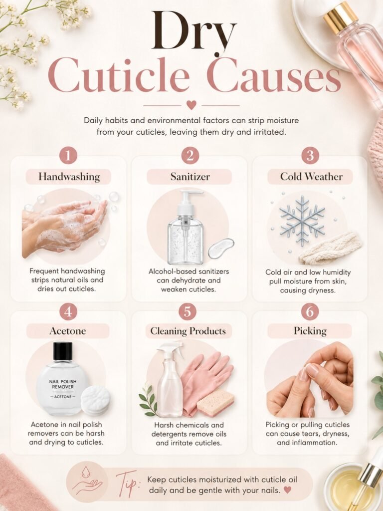 Educational graphic showing dry cuticle causes: handwashing,
