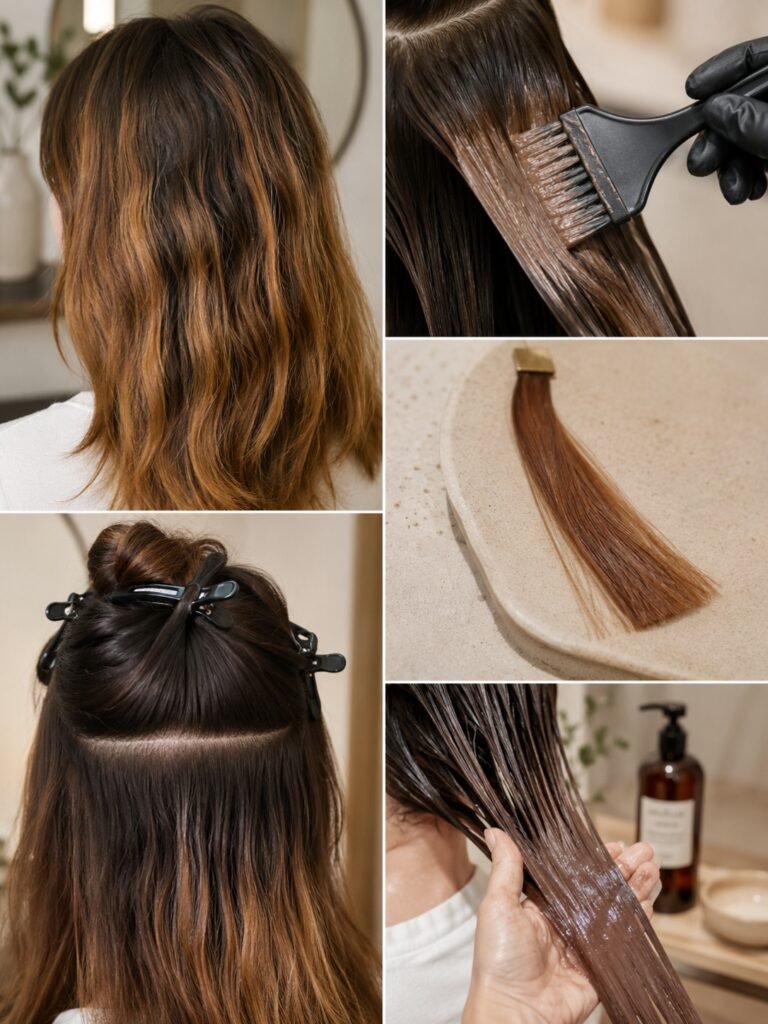 Uneven tinted hair sections