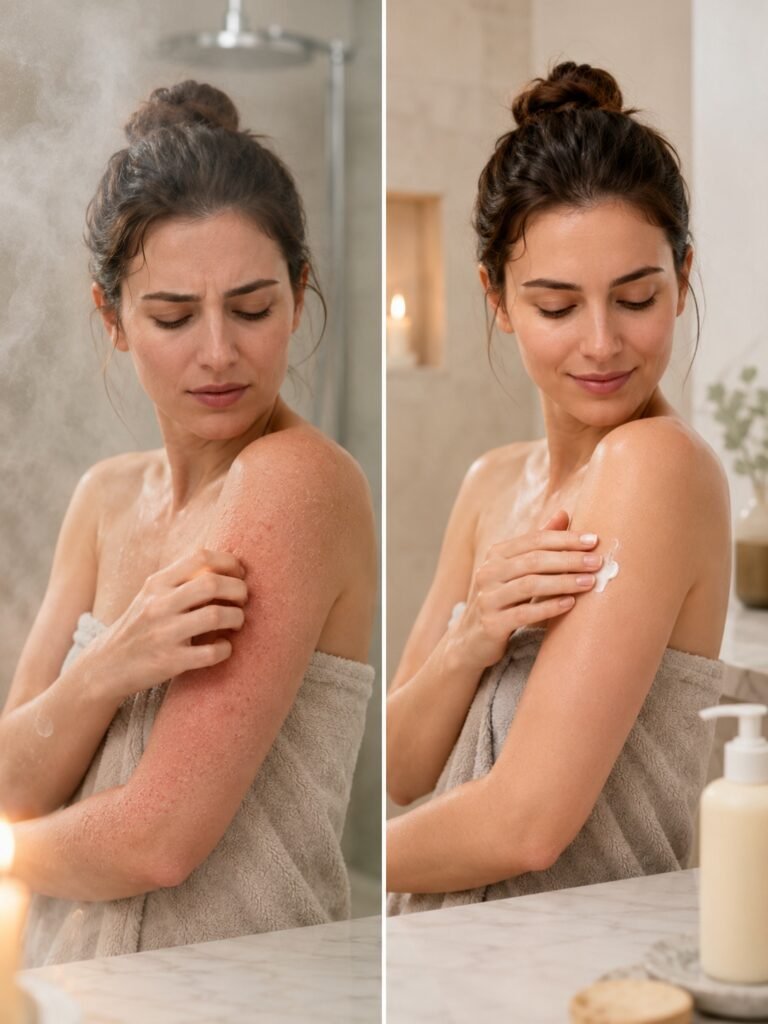 Irritated itchy skin after a hot shower  Vs calm moisturized skin after a gentle shower