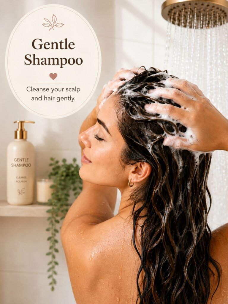 Woman washing hair gently withshampoo