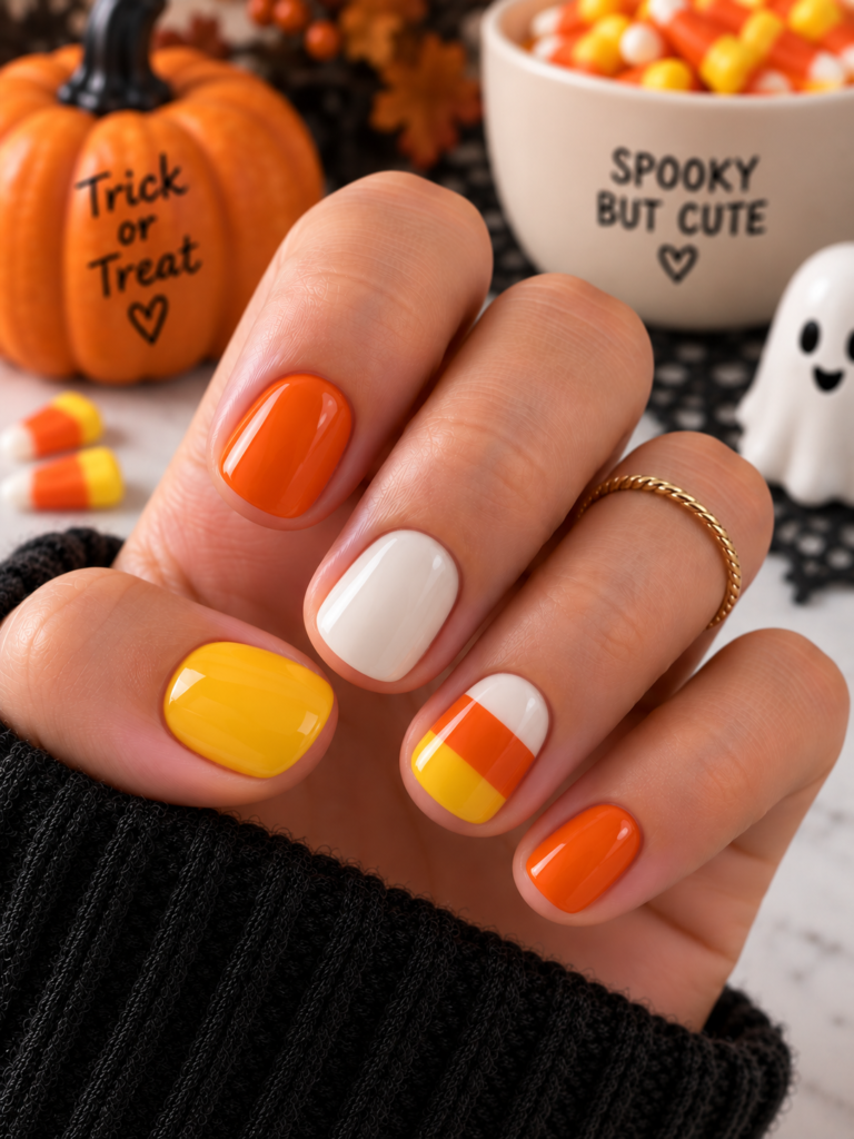 Cozy Halloween Candy Corn Nails
