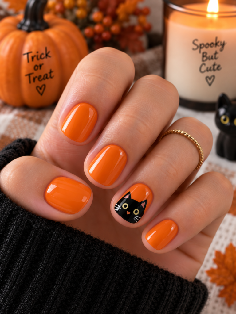 Cozy Halloween Cat Nail Art