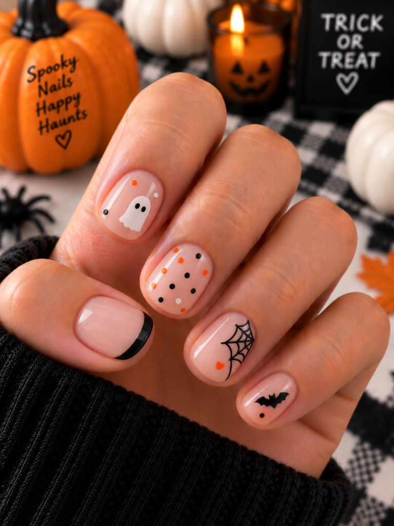 Cozy Halloween Ghost and Spiderweb Manicure