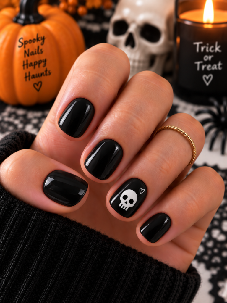 Spooky Chic Black Skull Manicure